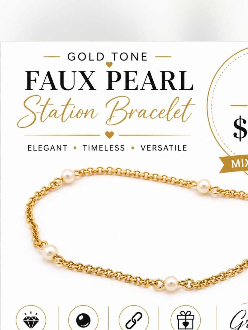 Gold Tone Faux Pearl Station Bracelet | Delicate Chain Bracelet | Minimalist